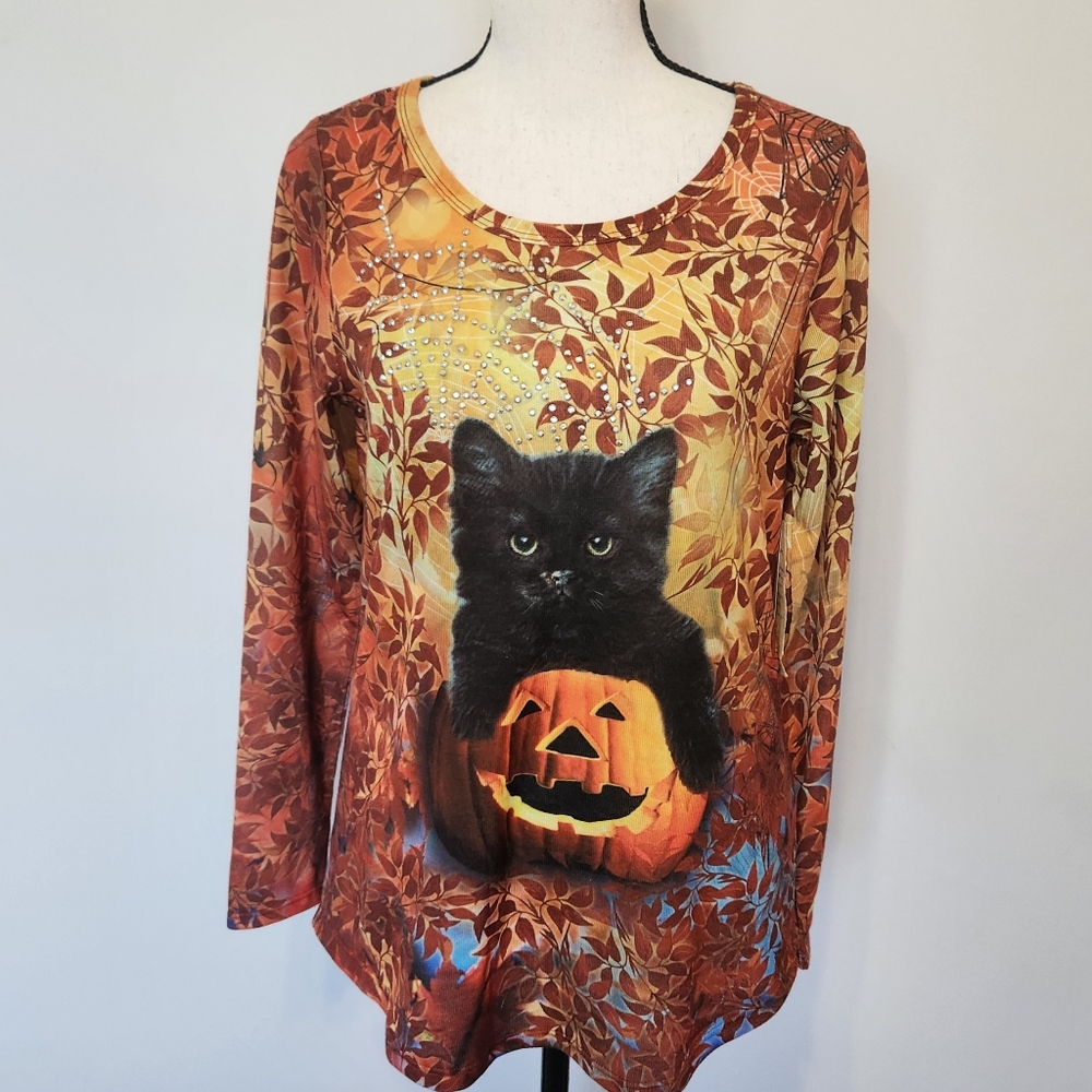 One World Halloween Fall Leaves Top Black Cat Jackolantern Pumpkin Spider Web S